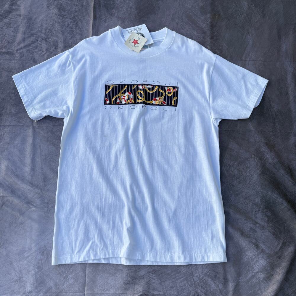 NWT Vintage 90's Okoboji Iowa White Blue Boating Swimming Tee Shirt Sz Large VTG